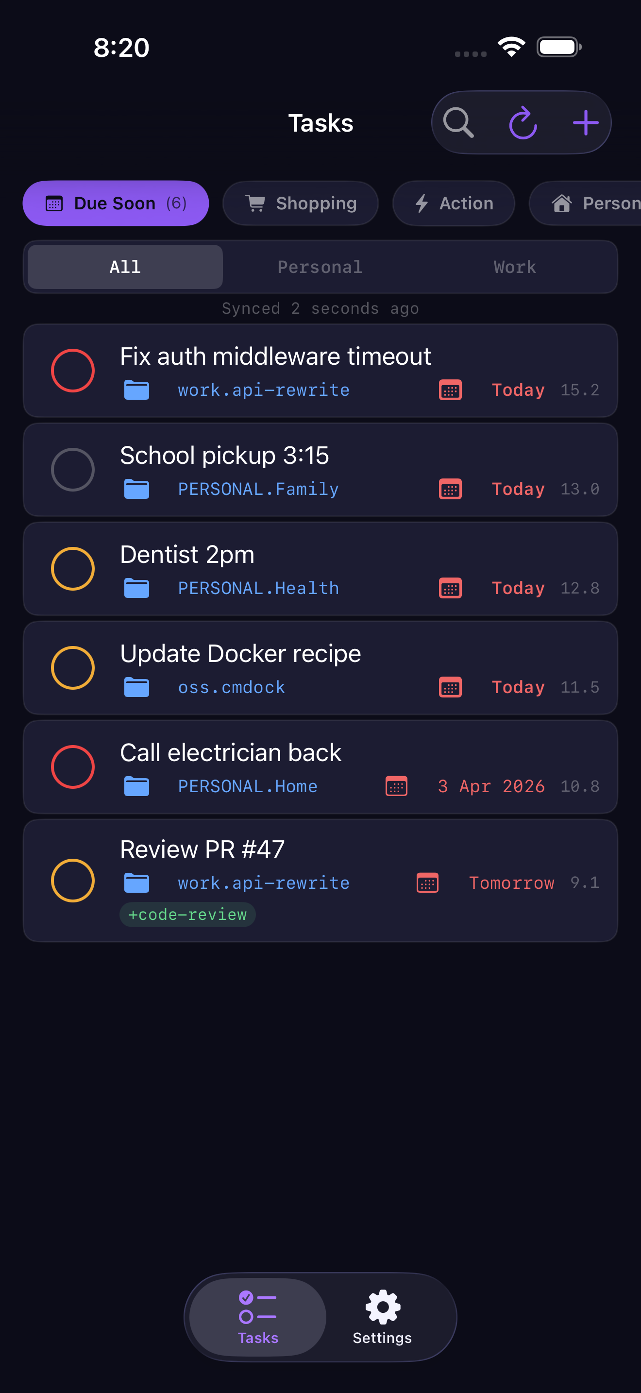 cmdock iOS app — task list sorted by urgency with view tabs