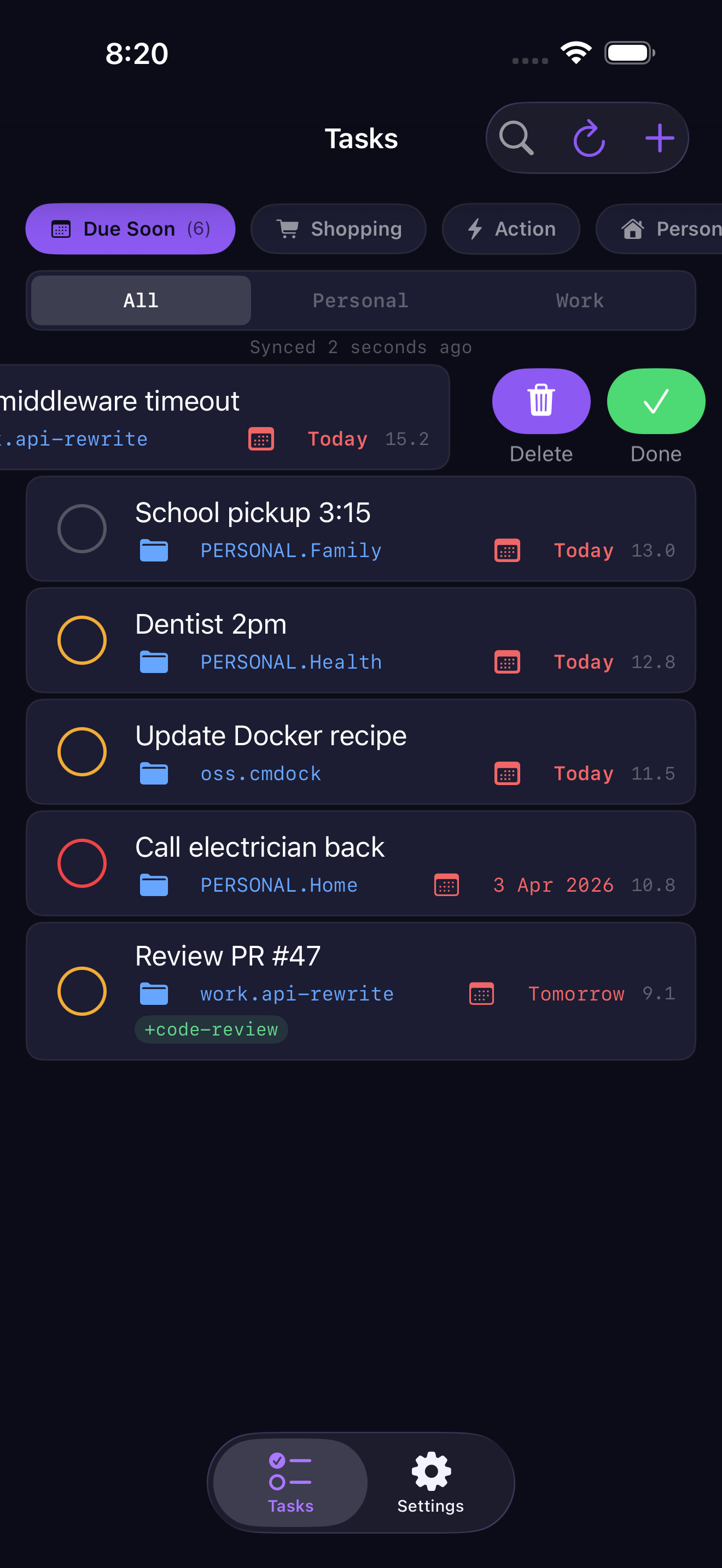 cmdock iOS app — swipe to complete a task