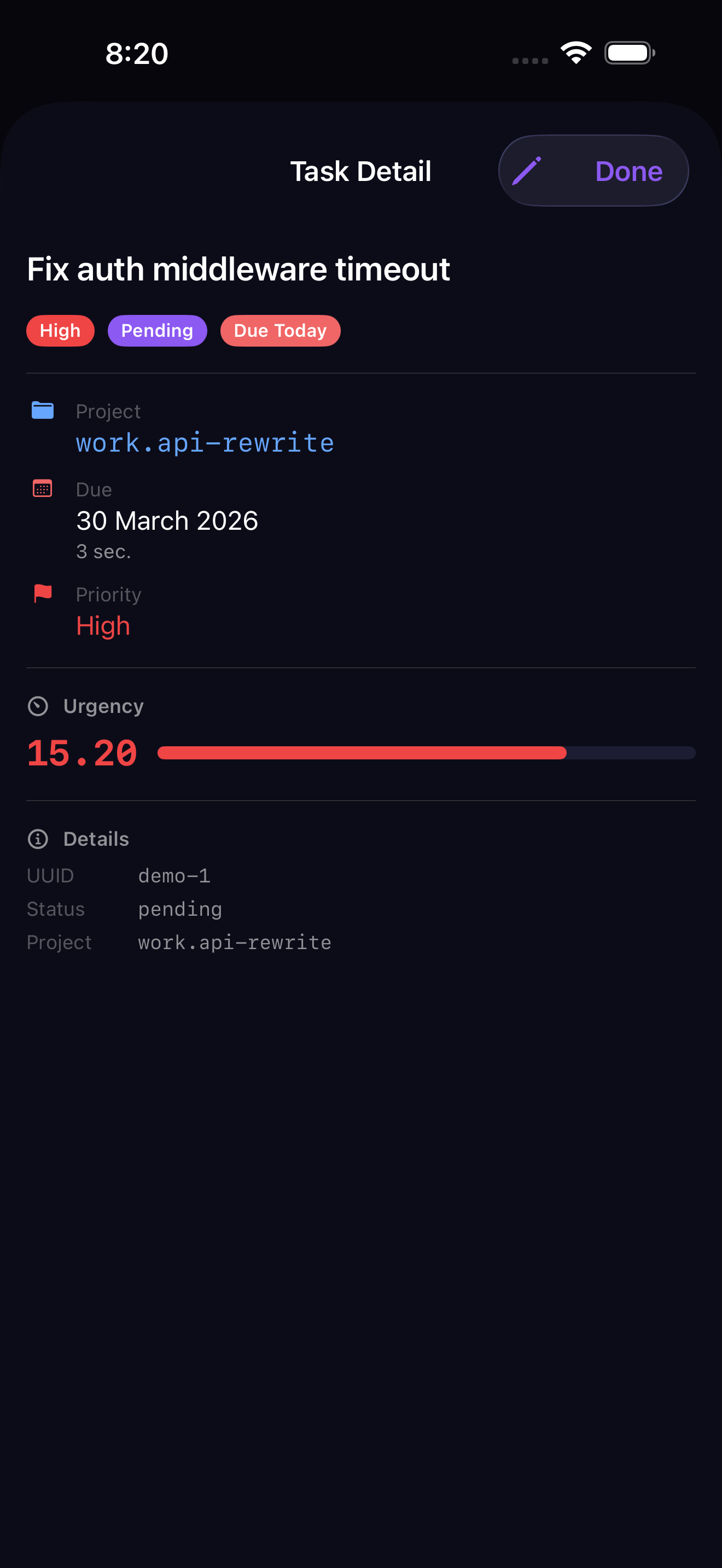 cmdock iOS app — task detail view with urgency bar